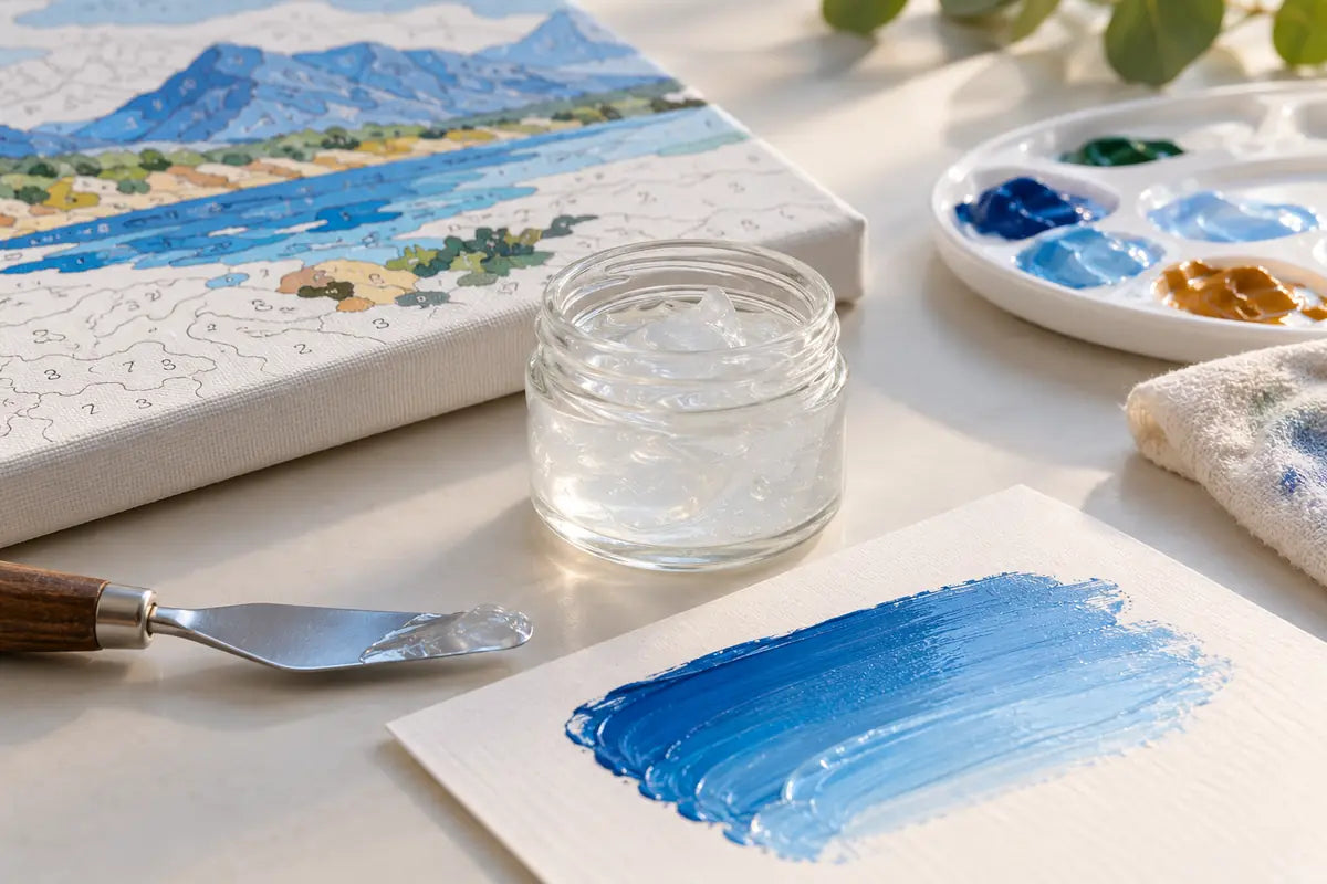 Acrylic gel medium, palette knife, and test swatch beside a paint by numbers canvas