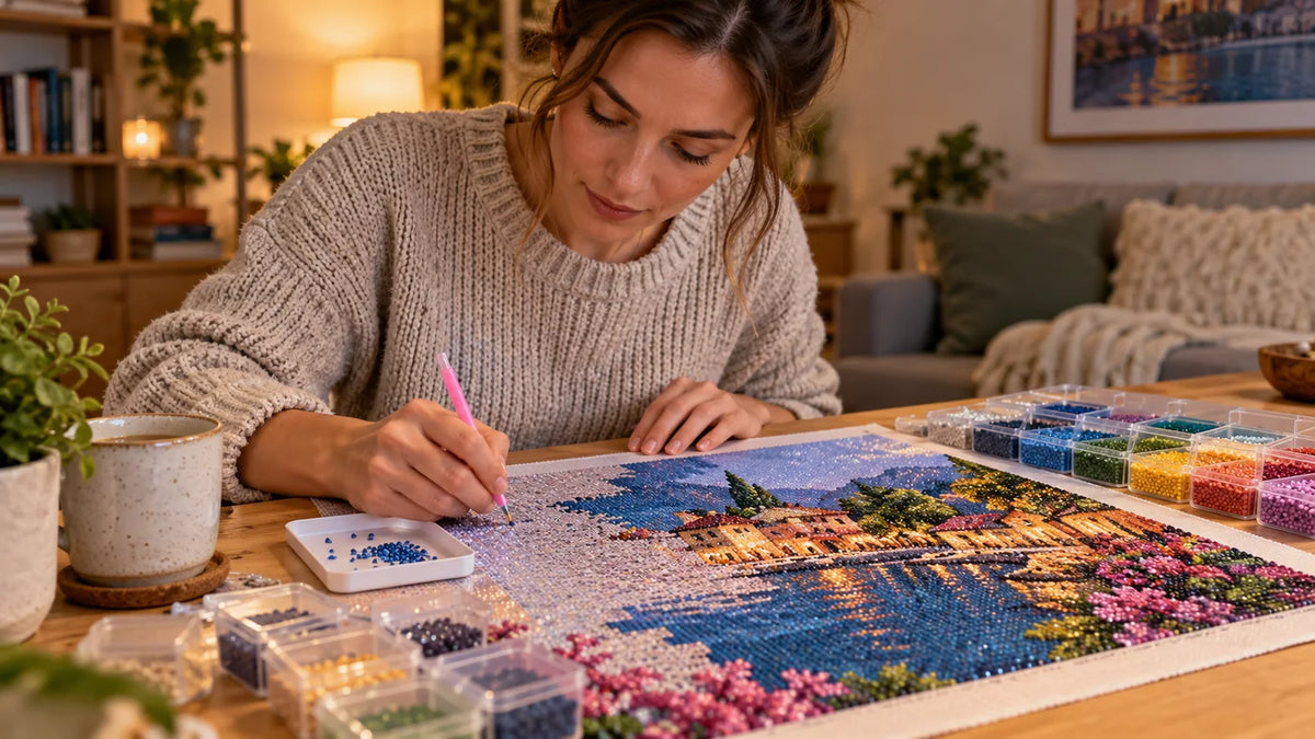 Illustrative diamond painting project in progress at a calm home craft table