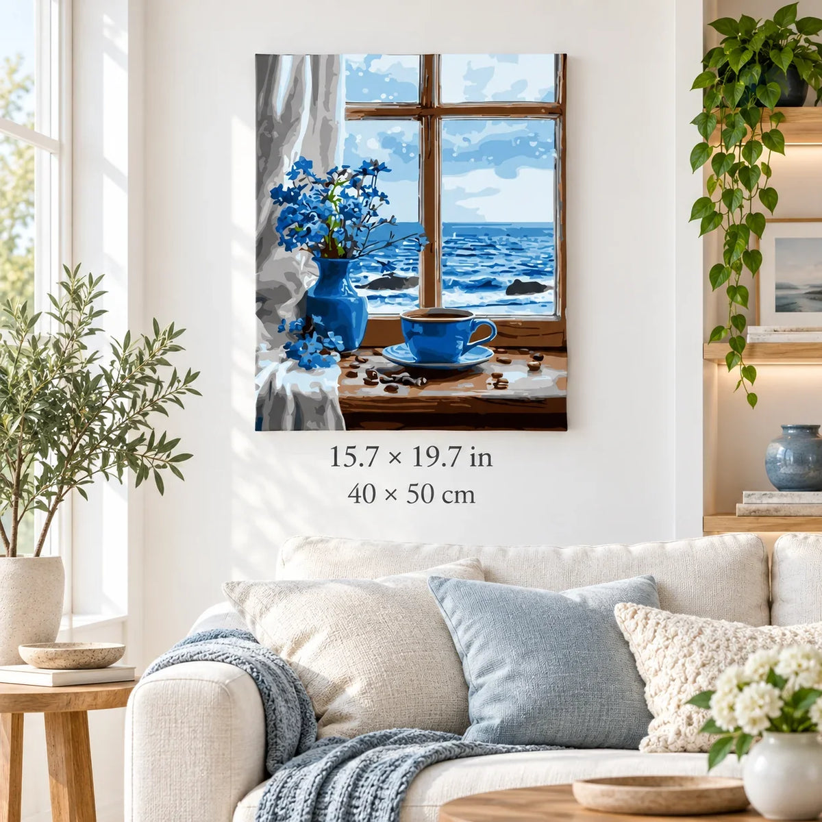 Blue Flowers and Coffee by the Ocean Window paint by numbers artwork shown in a styled room