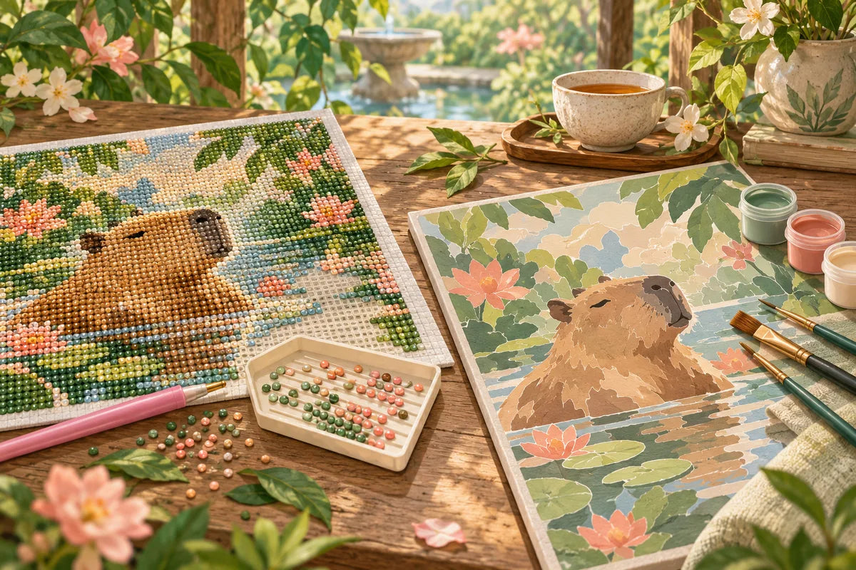 Original editorial illustration comparing a capybara diamond painting and paint-by-numbers setup; conceptual artwork, not a product photo.