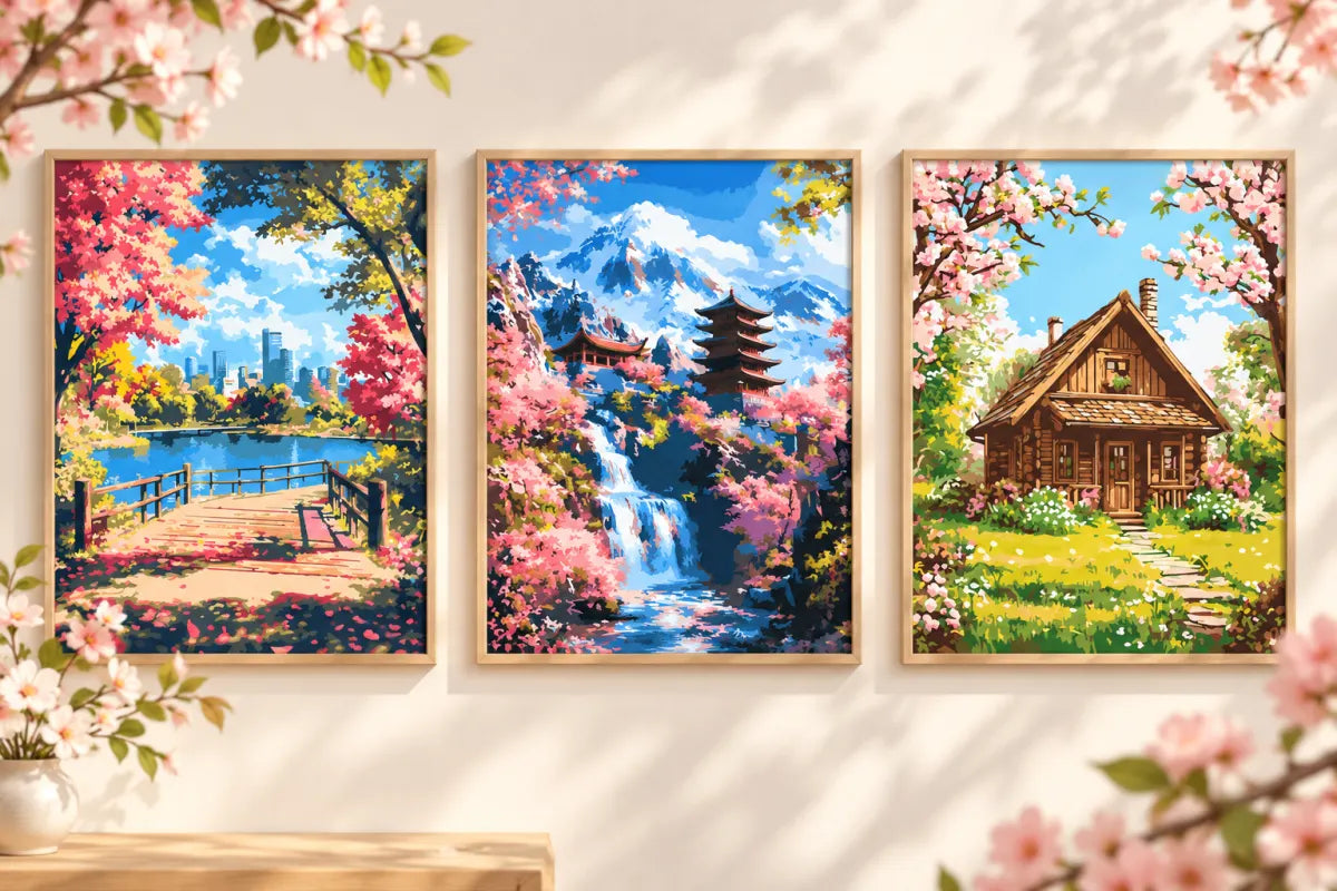 Editorial concept comparing a cherry blossom park, pagoda waterfall, and spring cabin paint-by-numbers scene; not product photography.