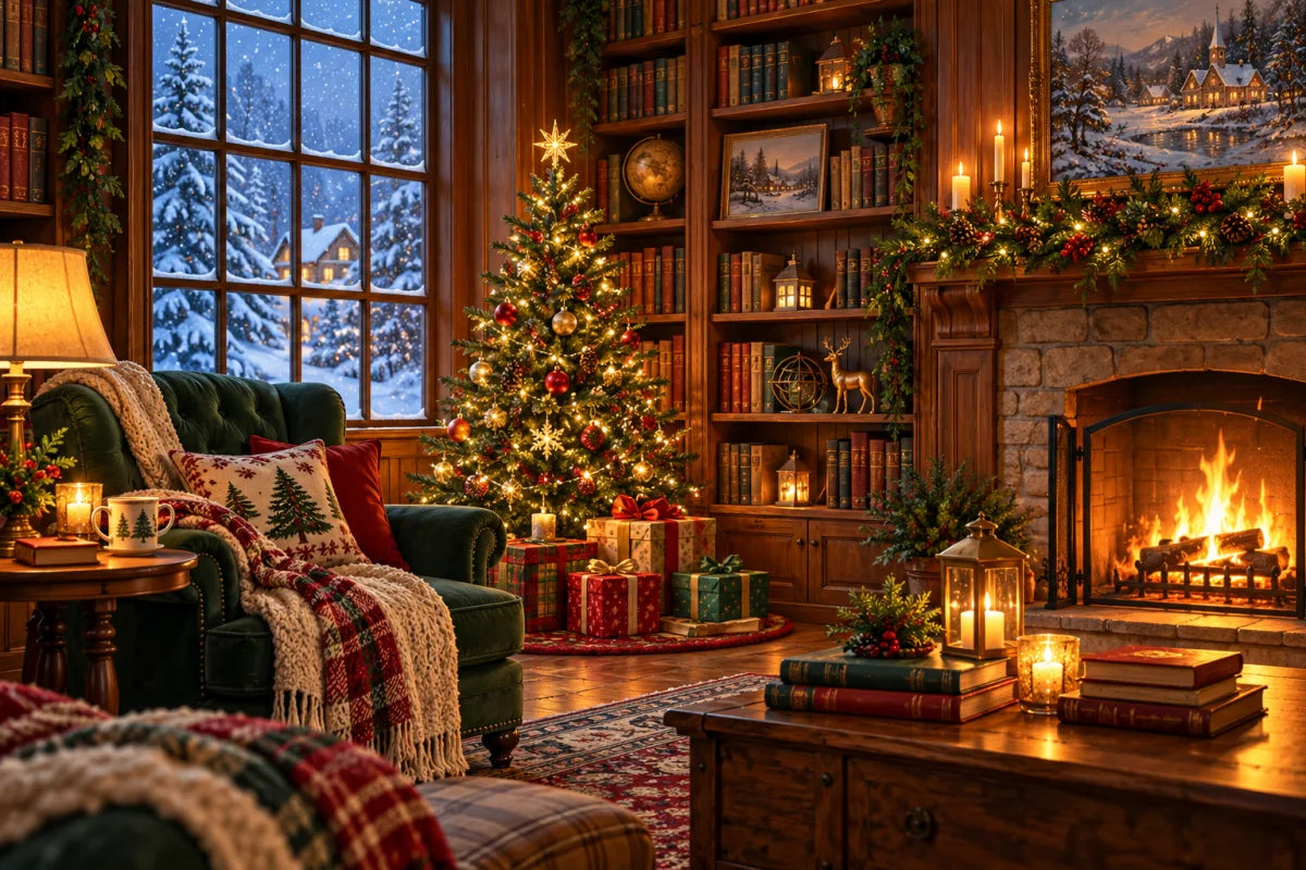 Editorial concept illustration of a Christmas library with decorated tree, gifts, bookshelves, snowy window and fireplace; not exact product artwork