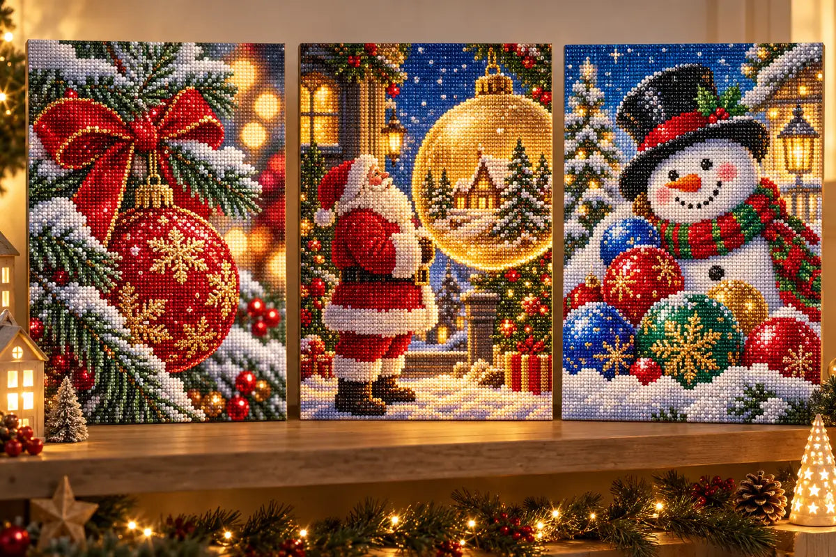 Editorial comparison of red bow, Santa golden ornament, and snowman Christmas diamond art