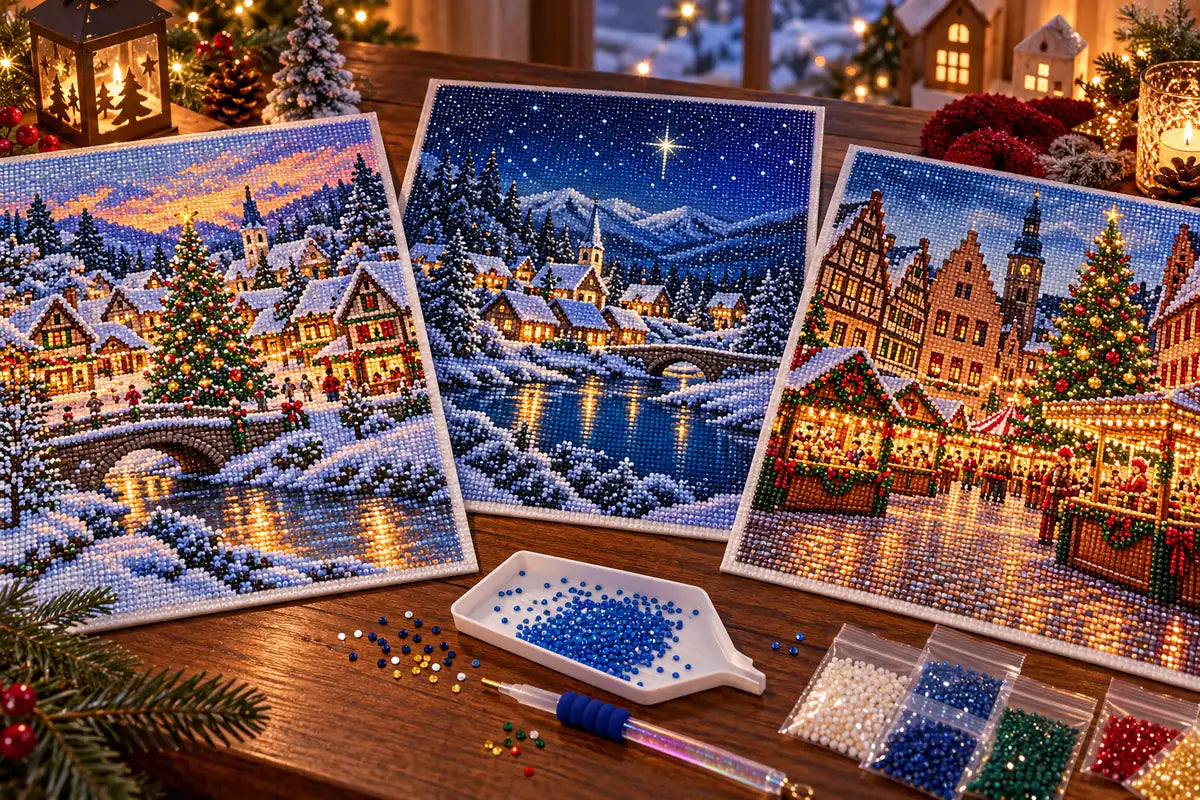 Editorial illustration comparing snowy, starlit, and market Christmas village diamond painting scenes