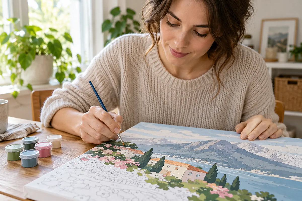 Illustrative paint by numbers canvas with a small painted area being carefully corrected
