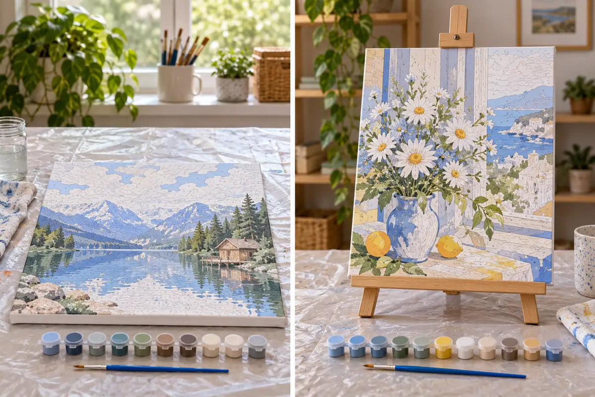 Illustrative comparison of paint by numbers on a flat table and a tabletop easel