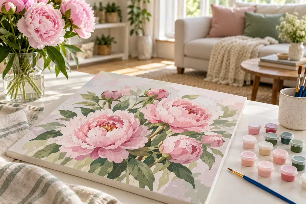 Illustrative floral paint by numbers canvas displayed near a softly styled living room