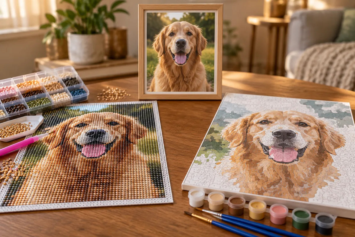Conceptual pet photo with custom diamond painting and custom paint by numbers canvases