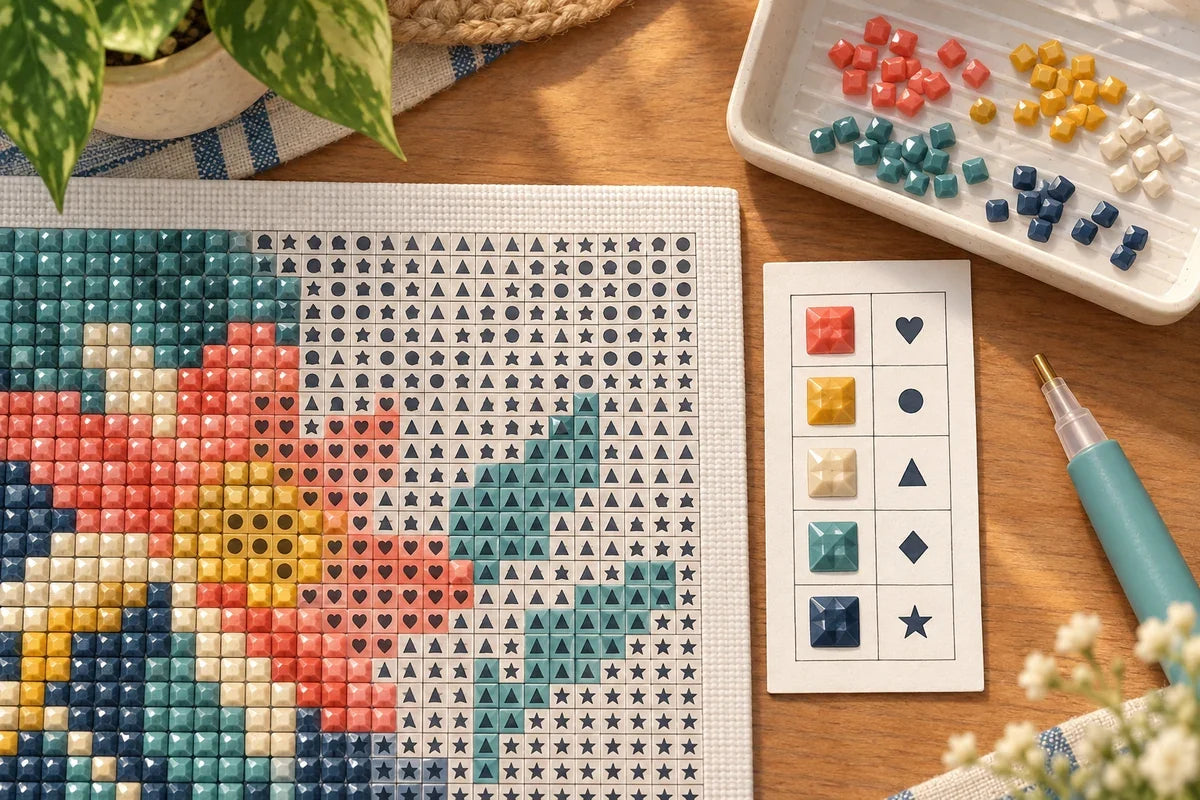 Editorial illustration of a diamond painting symbol chart beside its printed color key, drills, and a stylus.