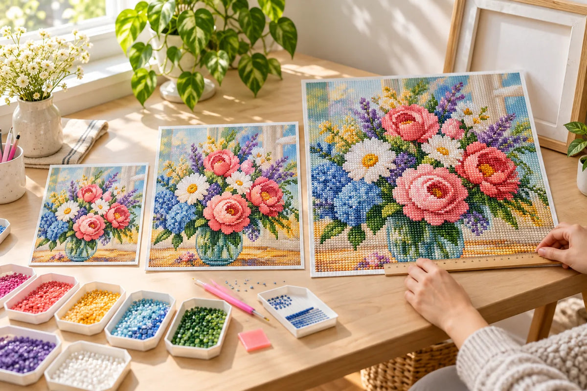 Editorial illustration comparing the same diamond painting design at three canvas sizes