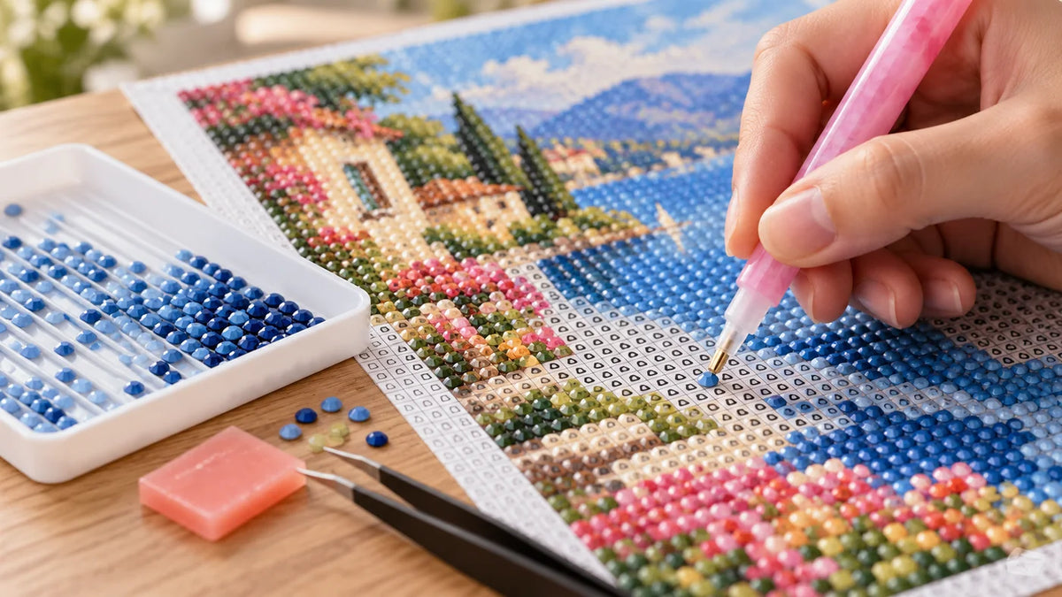 Close-up of a placement tool aligning a drill on a coded diamond painting canvas