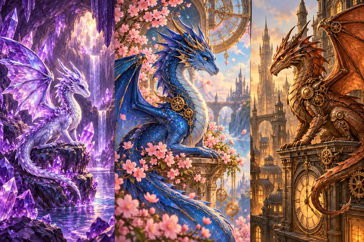 Illustration of amethyst, floral, and clockwork dragon diamond painting wall decor styles