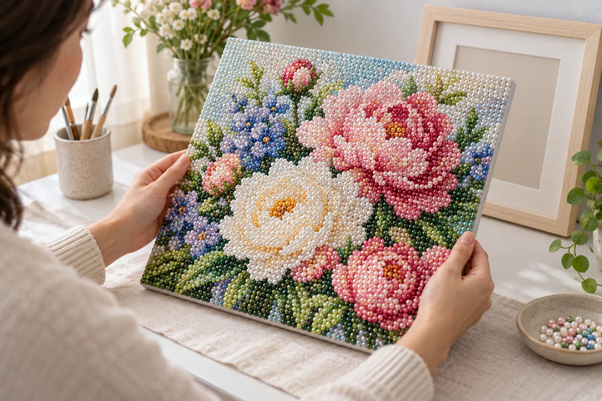 Finished pearl bead art held up in a bright home craft space