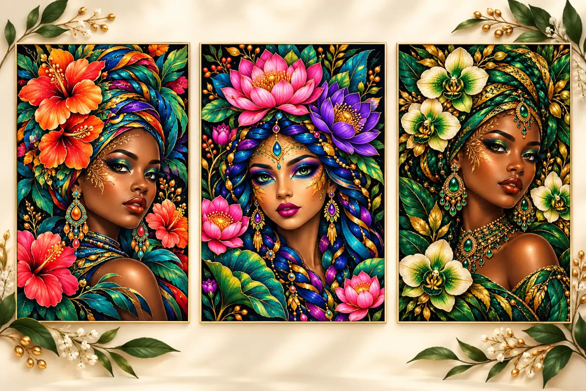 Concept triptych comparing hibiscus, lotus, and emerald orchid queen diamond painting artworks; based on Creovia product designs, not product photos.