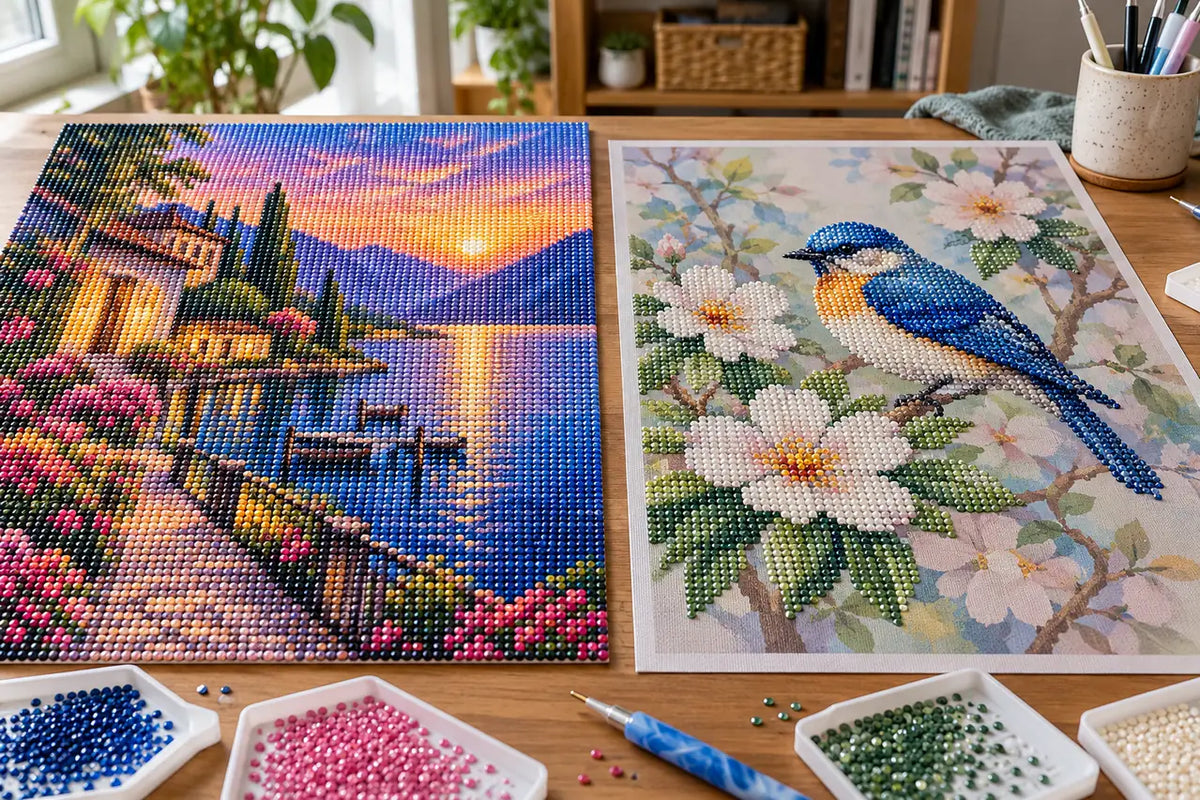 Side-by-side illustration of full drill and partial drill diamond painting canvases