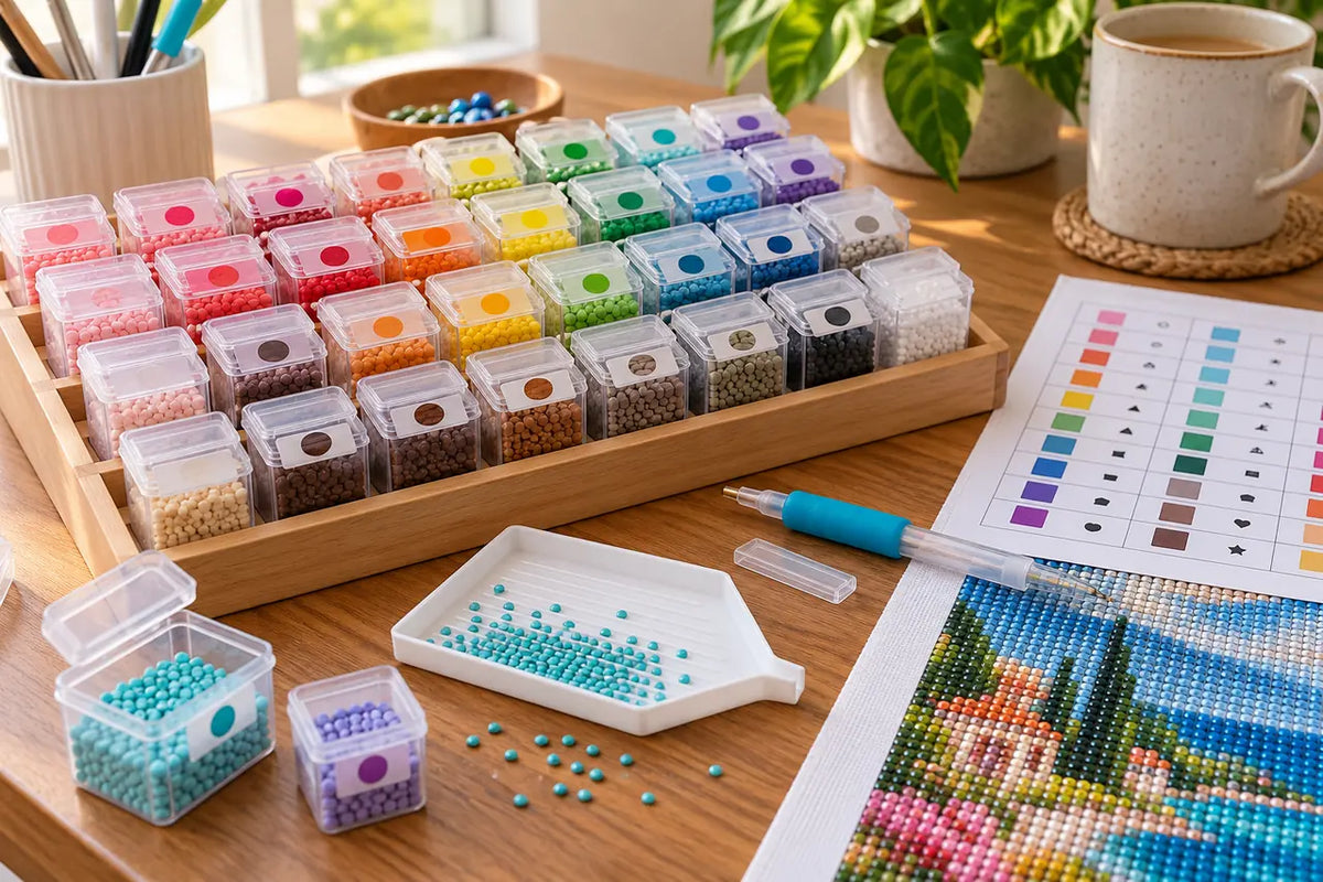 Small diamond painting drill containers arranged by color beside a tray and chart