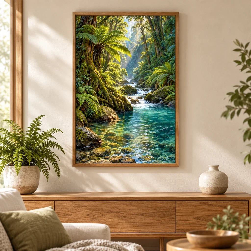 Framed Pacific rainforest river diamond painting displayed in a home interior