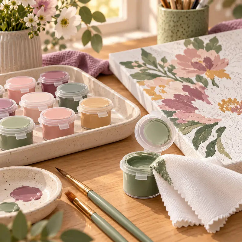 Paint by numbers paint pots and a finished canvas arranged for careful paint storage
