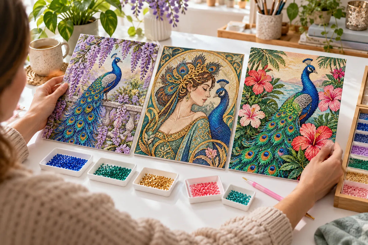 Illustrative scene of a crafter comparing peacock garden, Art Nouveau, and tropical floral diamond art designs.