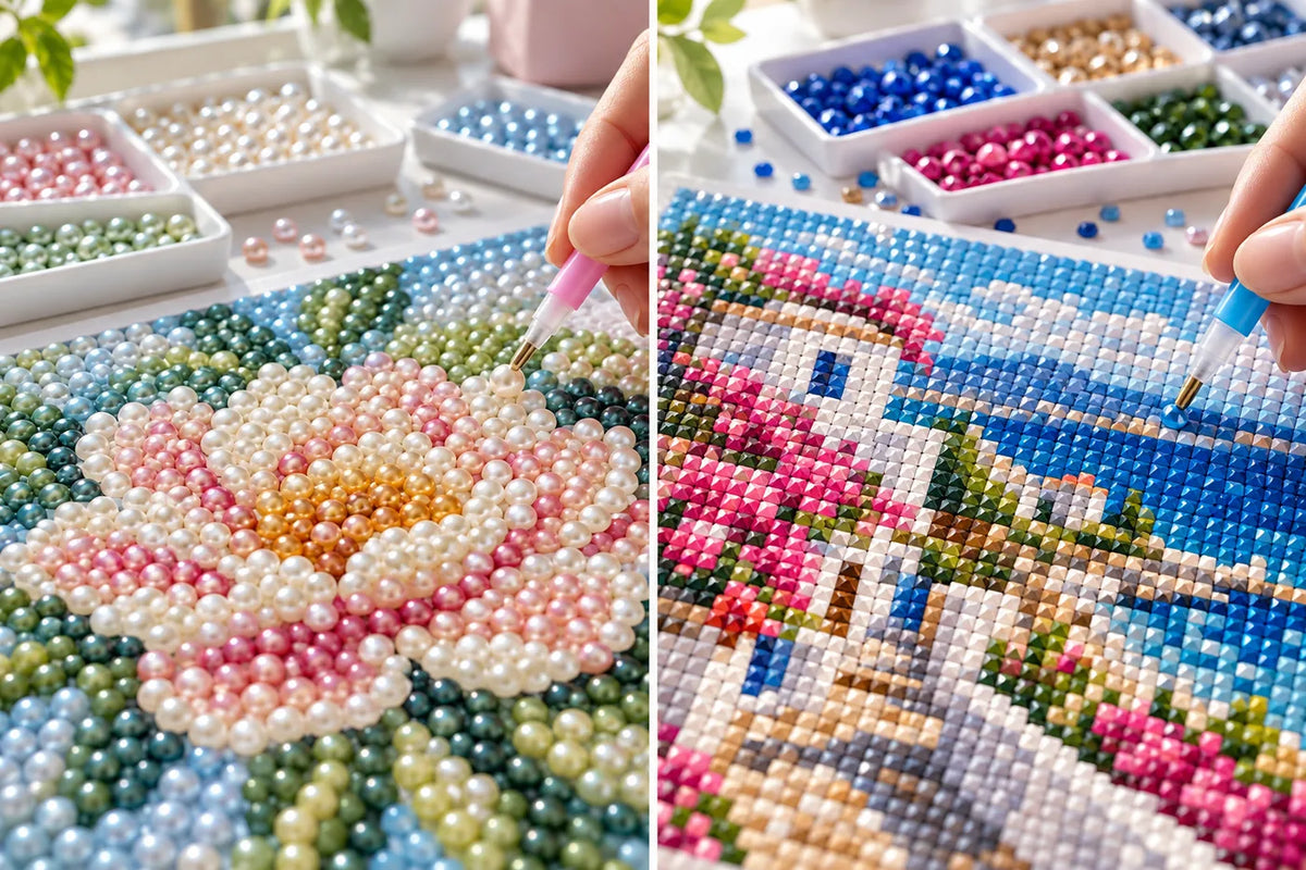 Editorial illustration comparing smooth pearl beads with faceted diamond painting drills
