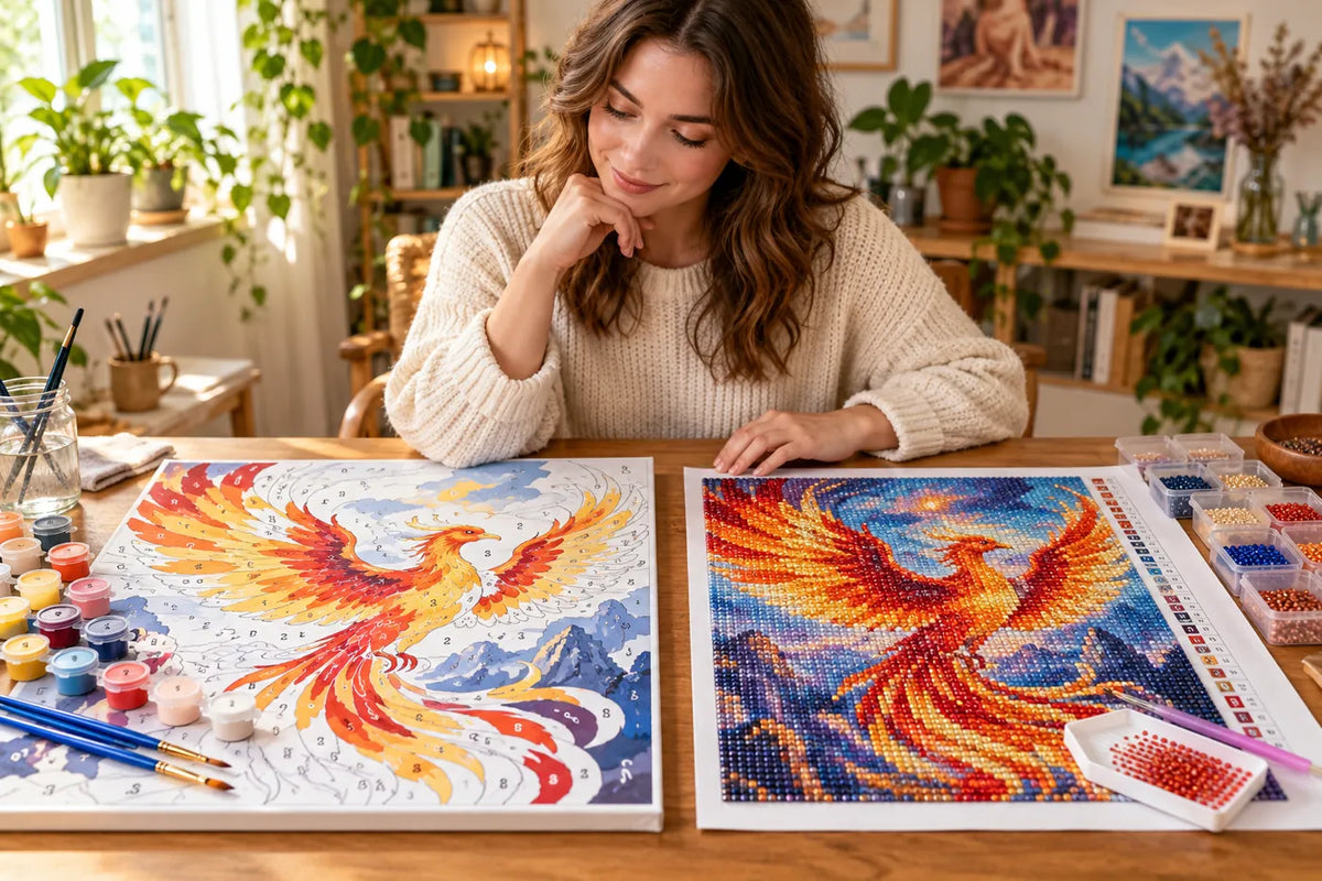 Illustrative table comparing a numbered phoenix painting canvas with a phoenix diamond painting canvas.