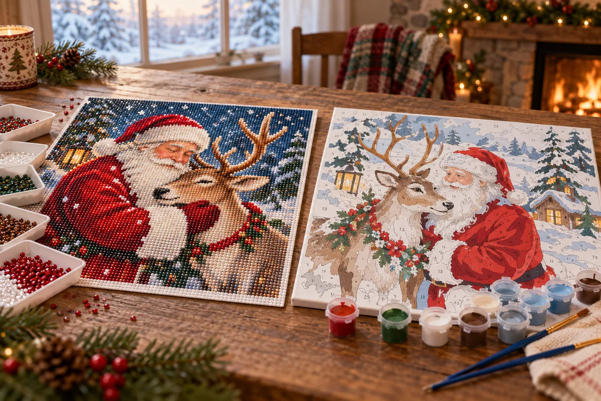 Editorial comparison of Santa and reindeer diamond painting and paint by numbers winter craft scenes