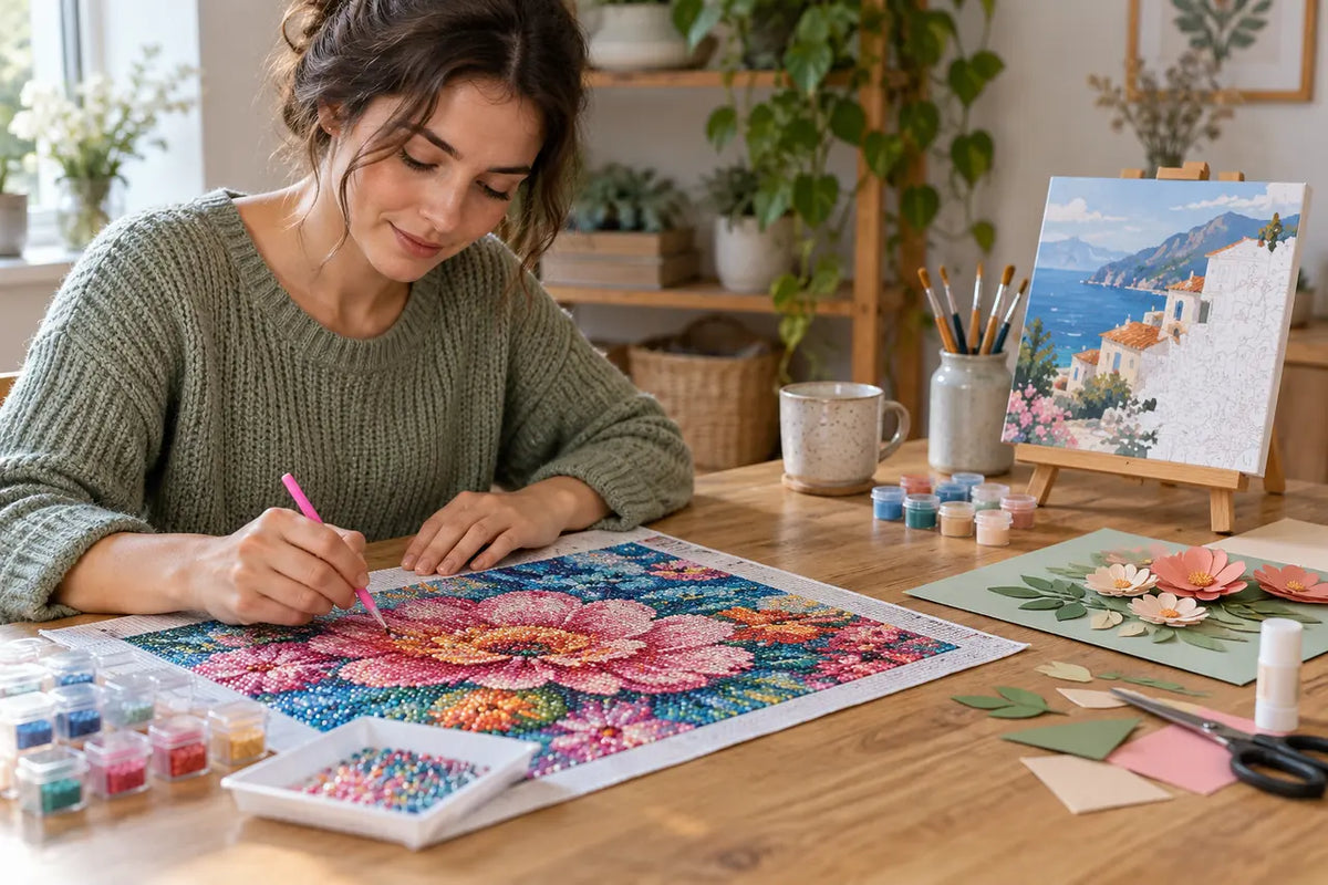 An adult working on a diamond art canvas at a calm home craft table