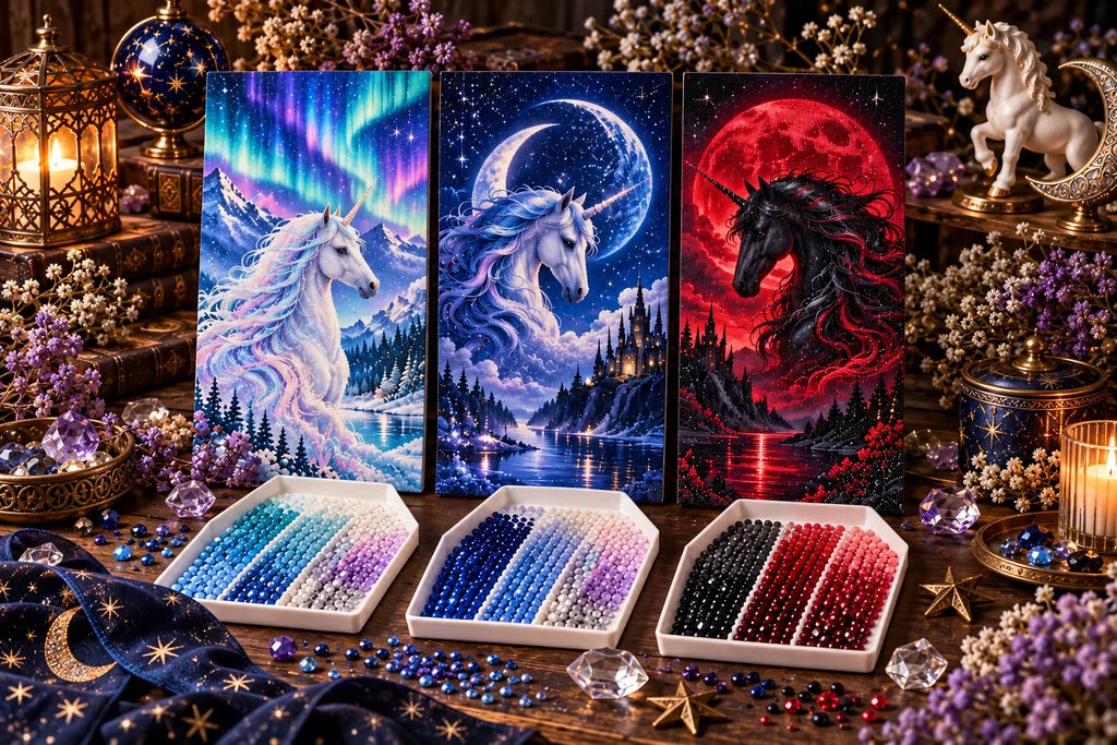 Illustrative comparison of aurora, crescent moon, and red moon unicorn diamond painting palettes.