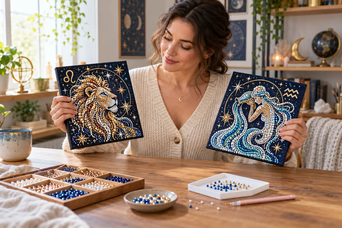 Illustrative scene of a crafter comparing two celestial zodiac pearl art designs at a bright worktable.
