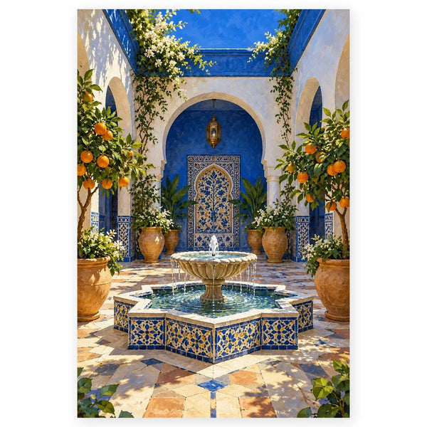 Full marrakesh blue roof courtyard paint by numbers artwork on a clean white background.
