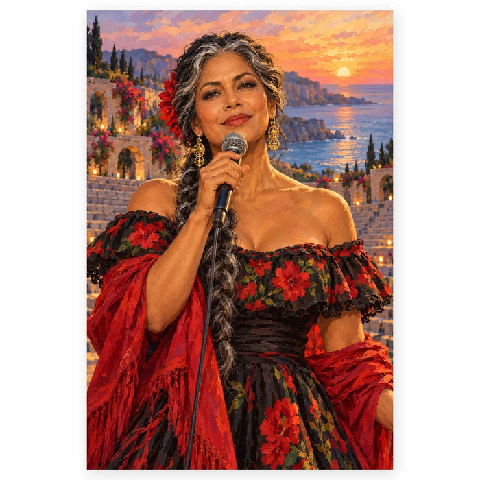 A woman singer holds a microphone at an outdoor stone amphitheater overlooking the sea at sunset. Full original portrait artwork on a clean white background with a subtle soft shadow and original proportions preserved.