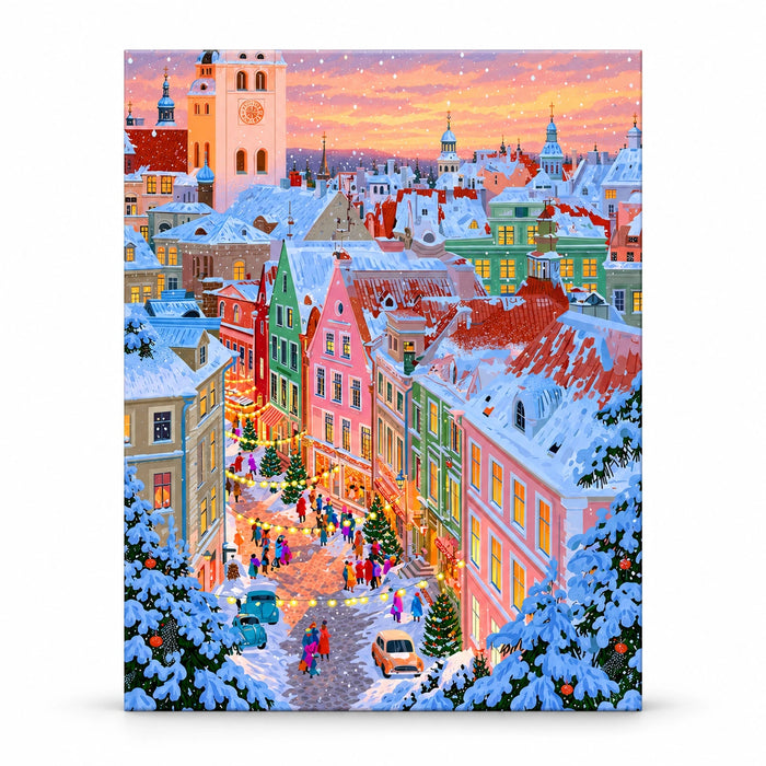 Snowy Colorful Christmas Market Town with Clock Tower paint by numbers artwork on a front-facing frameless canvas against a white background.