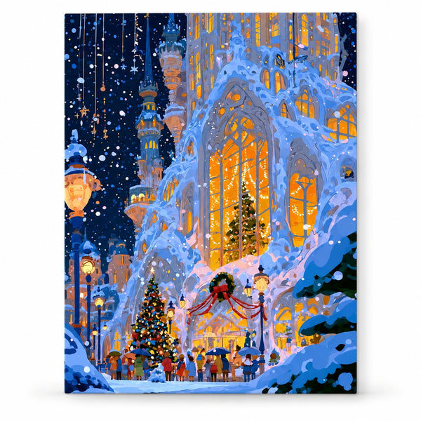 Snowy Gothic Church with Stained Glass at Christmas paint by numbers artwork on a front-facing canvas against a white background