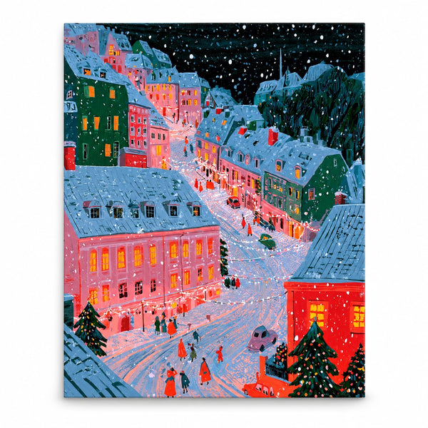 Snowy Pink and Green European Christmas Street paint by numbers artwork on a front-facing canvas against a white background