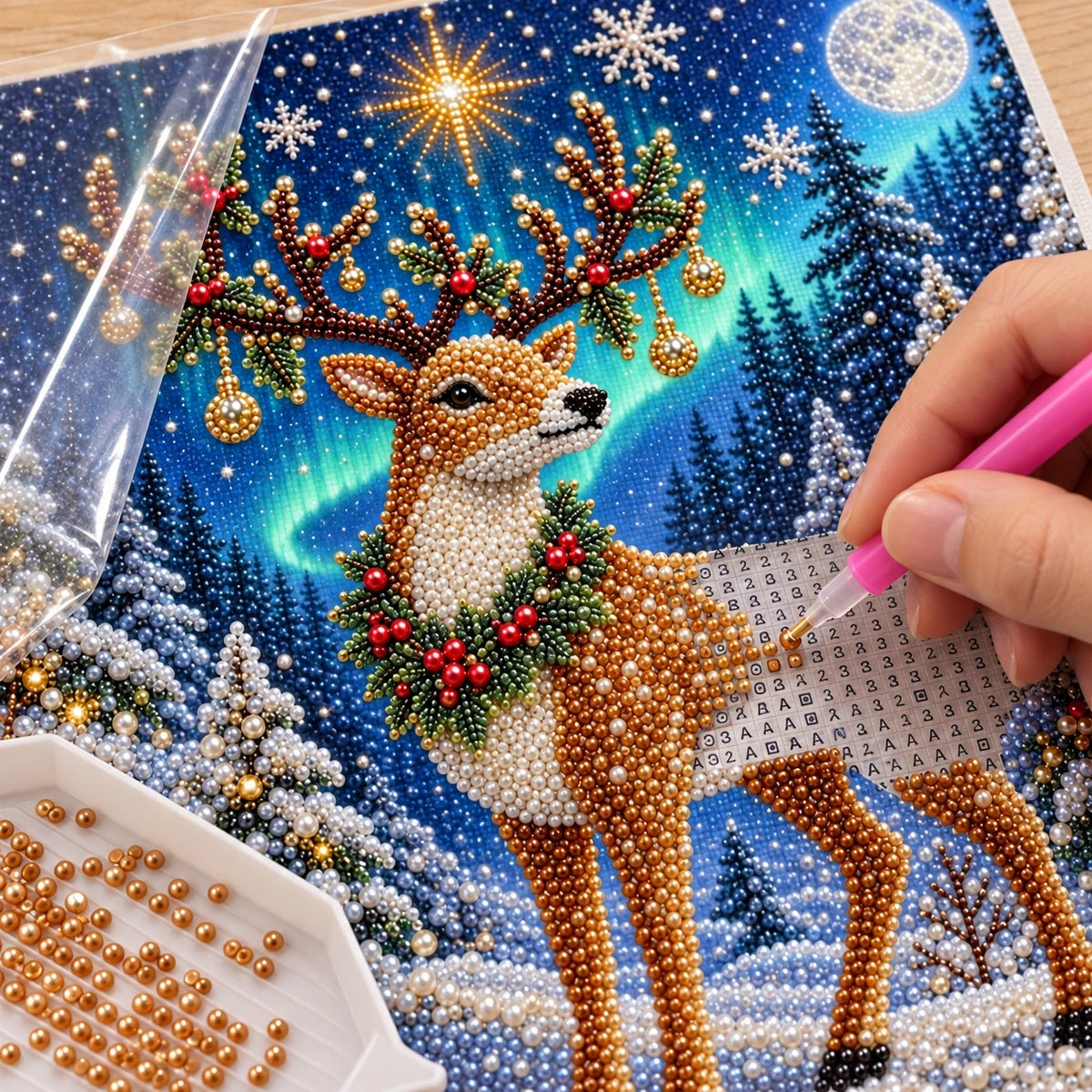 Aurora Christmas Reindeer pearl painting kit – process image