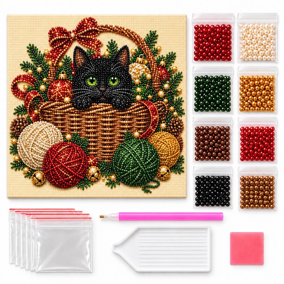 Black Cat and Yarn Basket Christmas — kit image