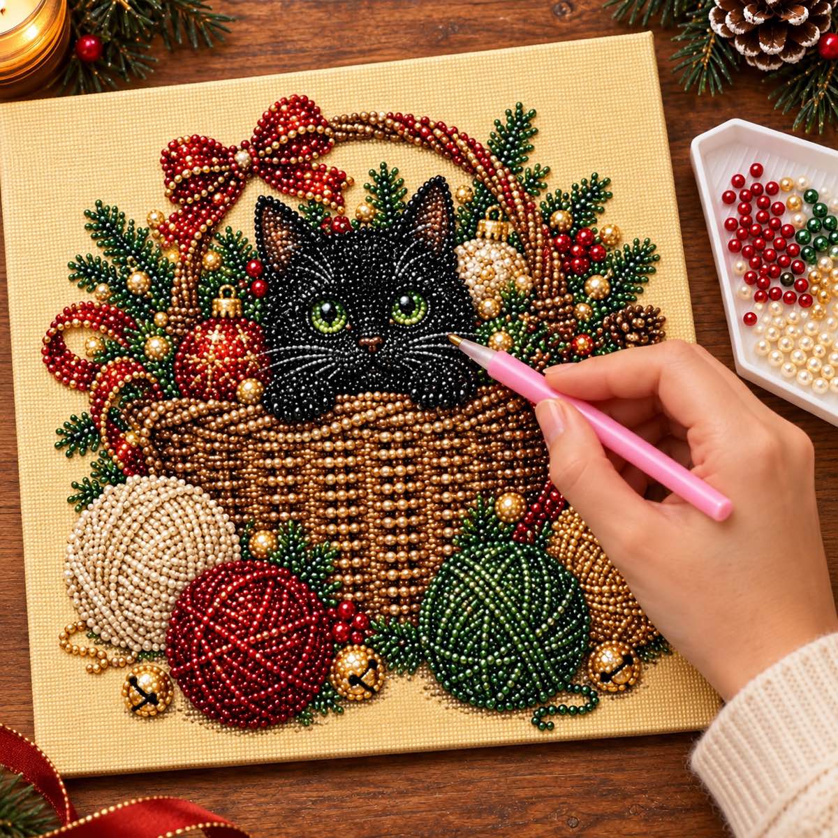 Black Cat and Yarn Basket Christmas — process image