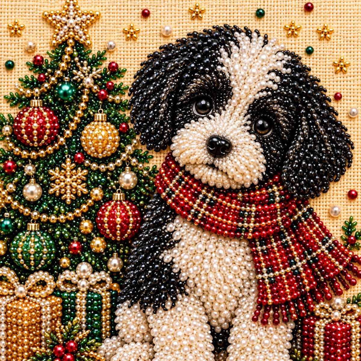 Black and White Puppy Christmas Tree — detail image