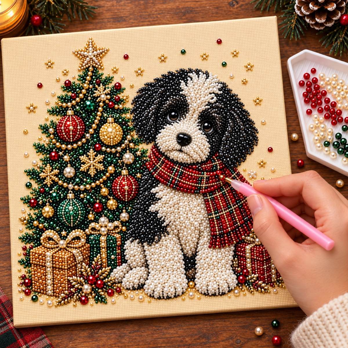Black and White Puppy Christmas Tree — process image