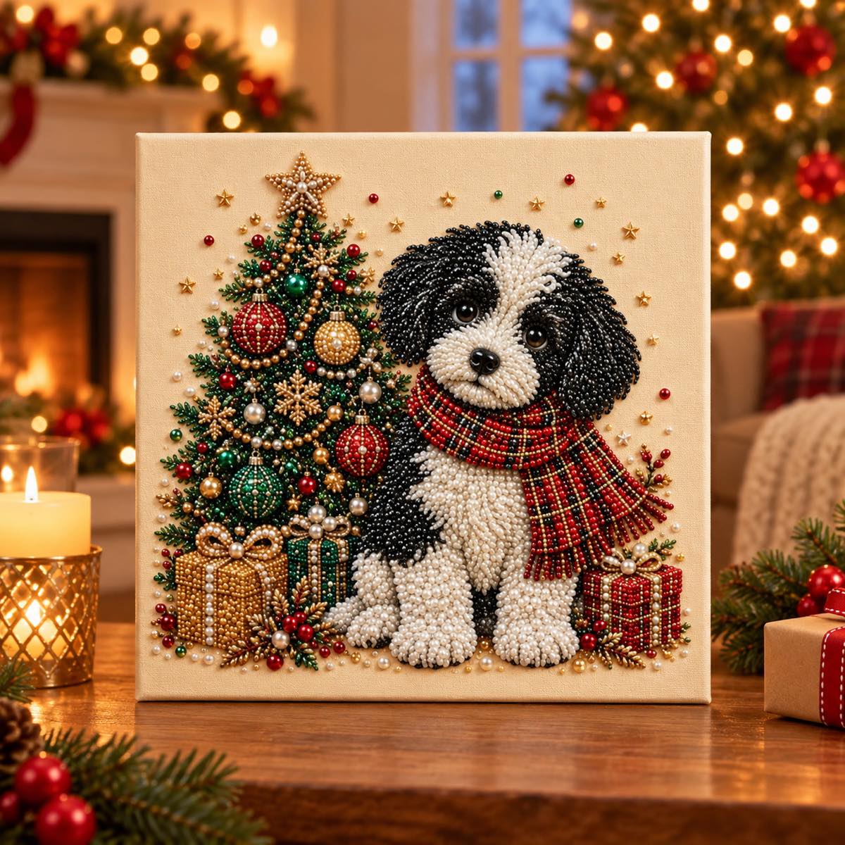 Black and White Puppy Christmas Tree — room image