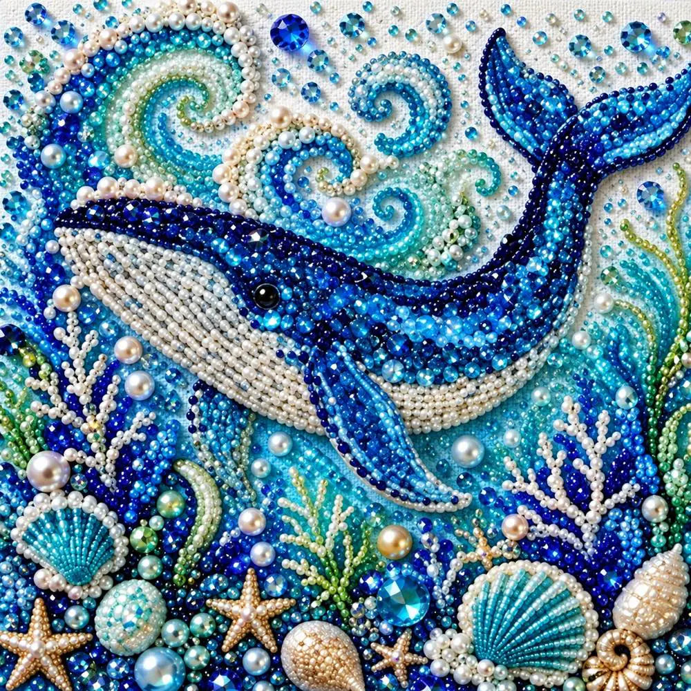 Close-up of glossy pearls and printed canvas in the blue whale design