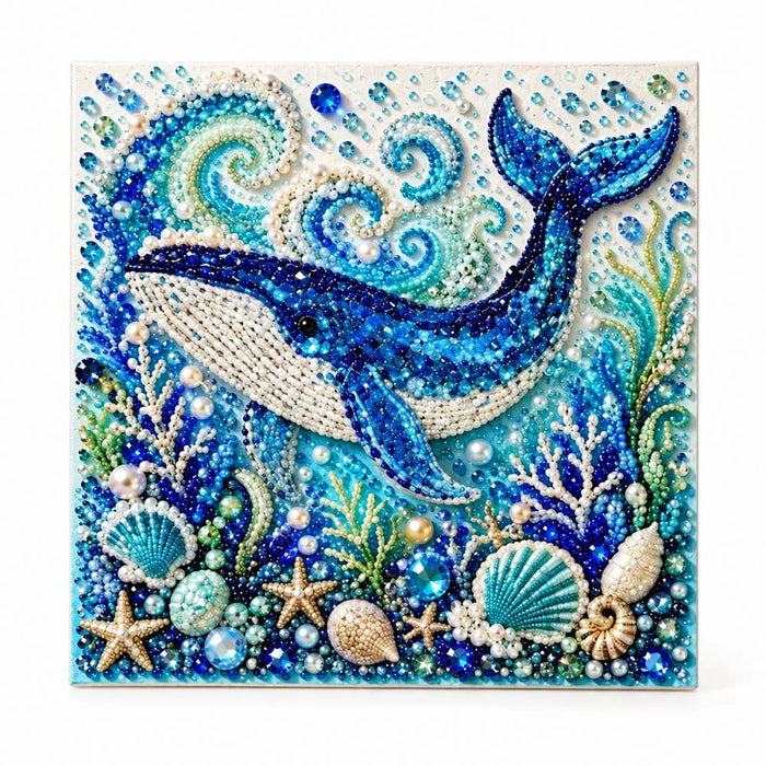 Finished blue whale pearl painting design on a clean background