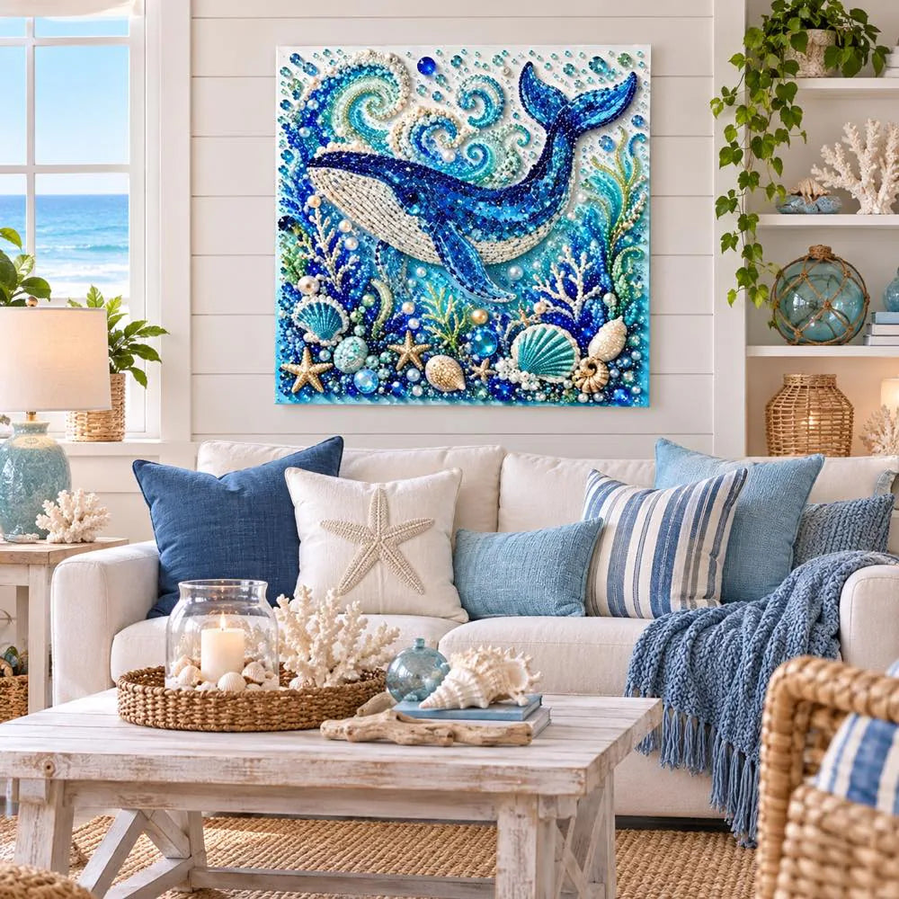 Blue whale pearl artwork shown as a home display example