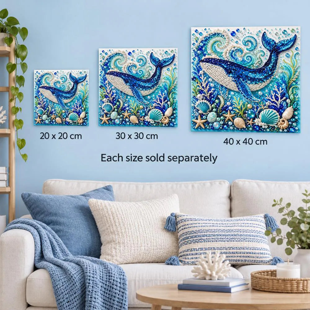 Blue whale artwork size comparison for 20, 30 and 40 cm options; each size sold separately