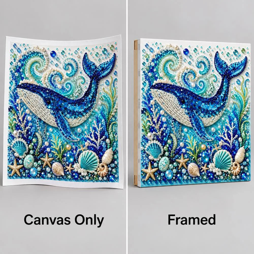 Blue whale canvas-only and framed display options; no decorative outer frame included