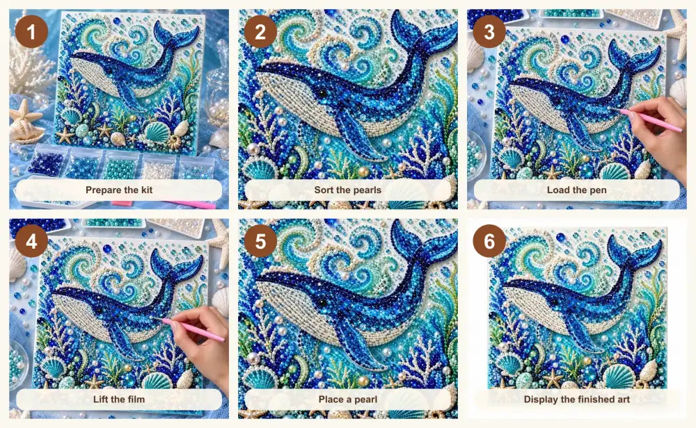 Six illustrated steps for placing pearls on the blue whale design