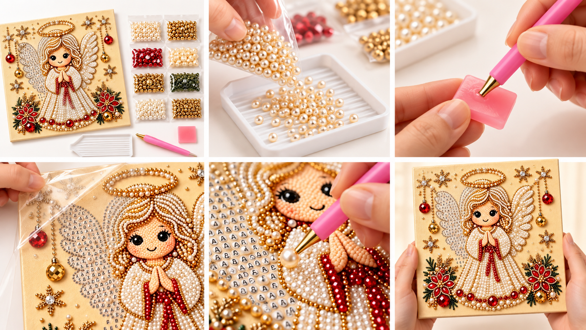 Six-step tutorial showing how to make the Christmas Angel pearl painting