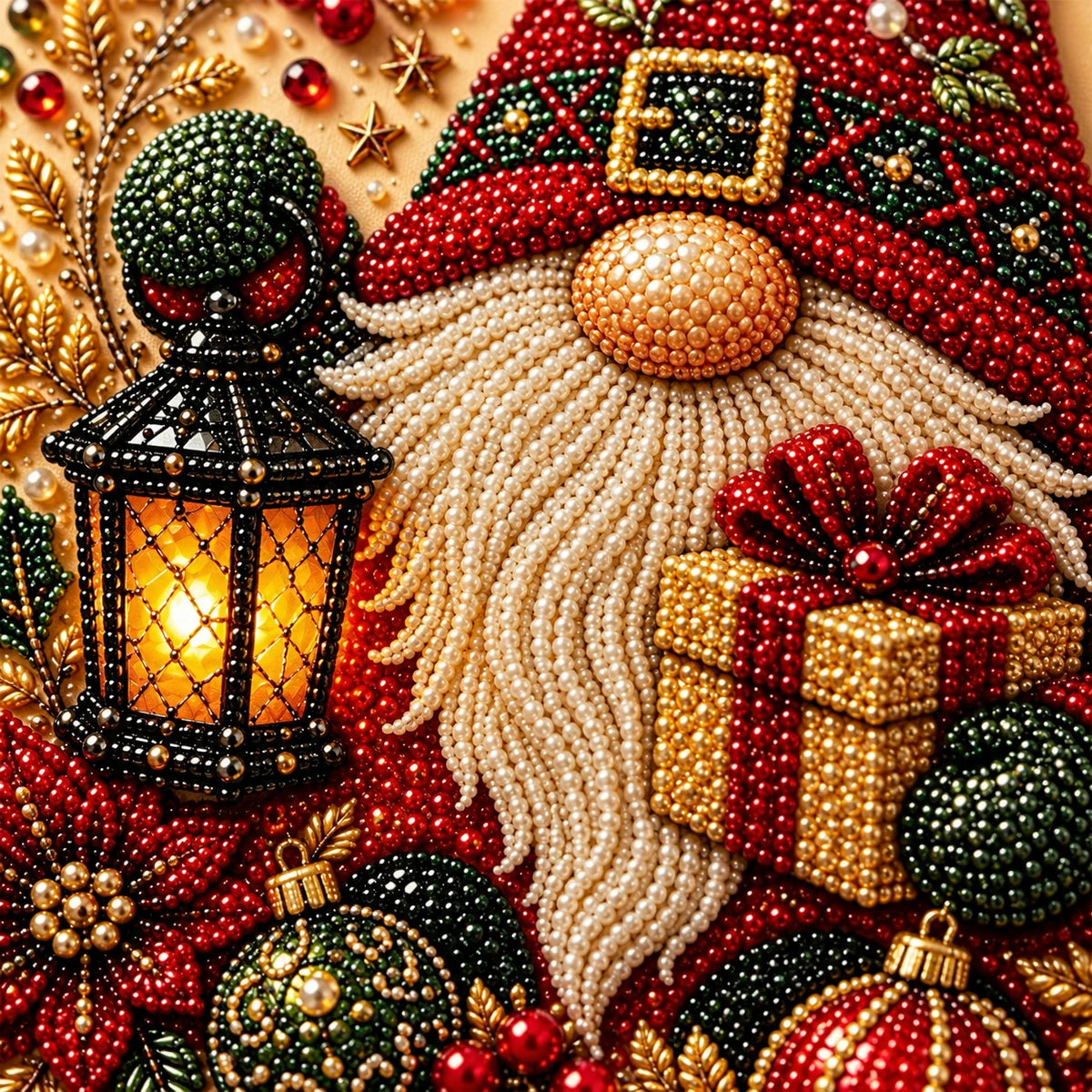 Christmas Gnome Lantern pearl painting detail