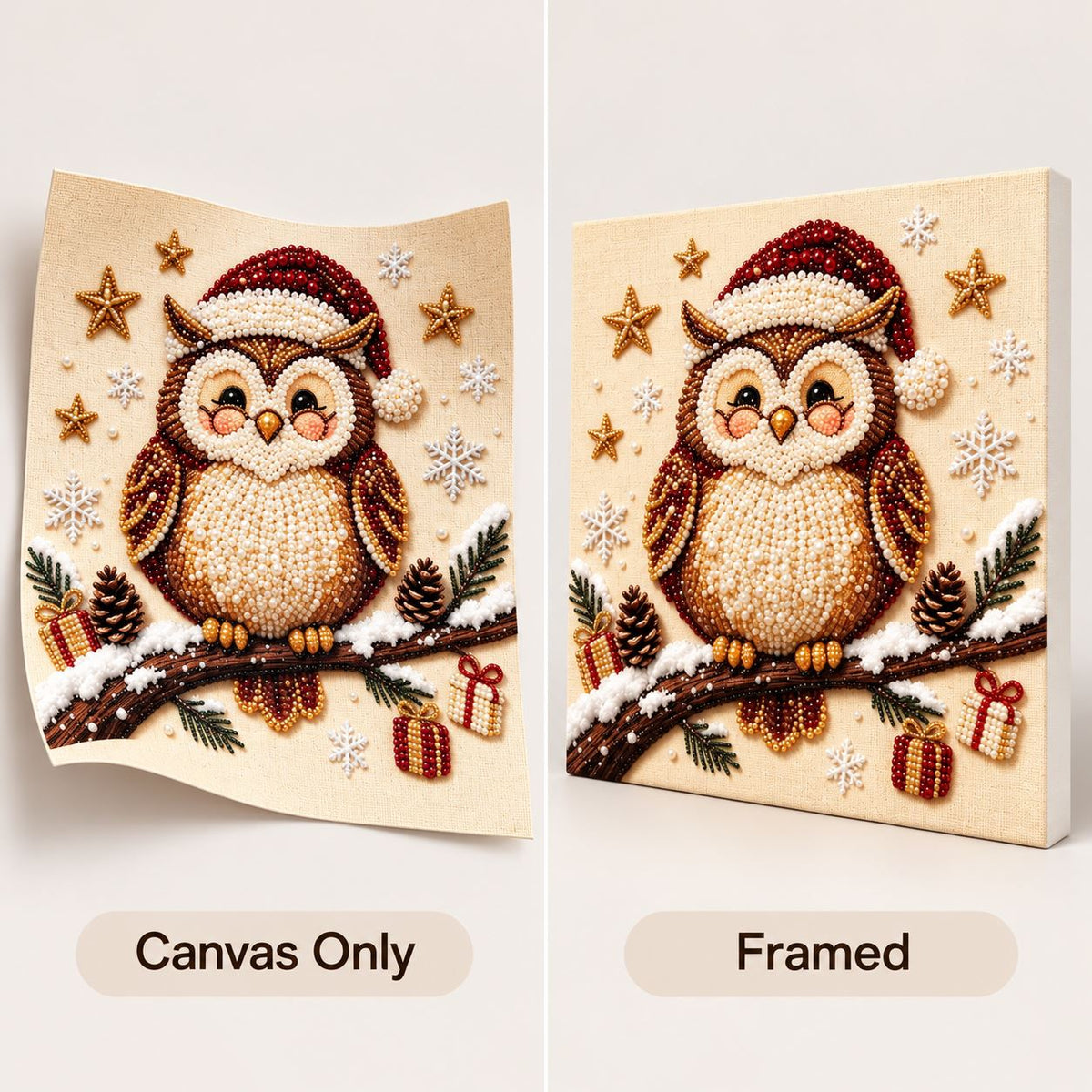 Christmas owl pearl painting Canvas Only and Framed comparison