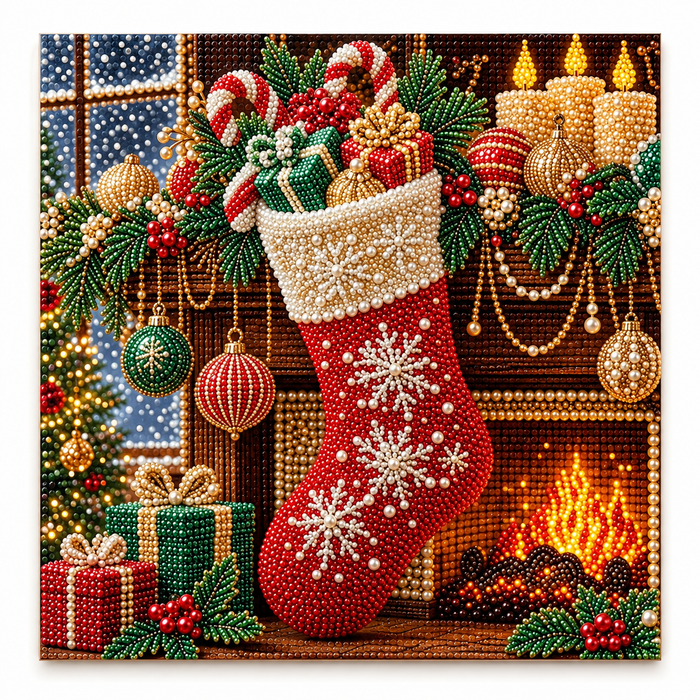 Christmas Stocking Fireplace Pearl Diamond Painting Kit hero image